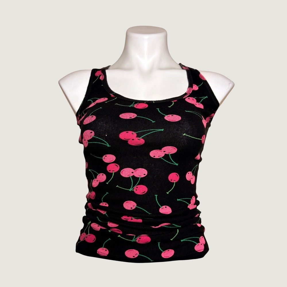 Y2K No Boundaries Scene Pink Cherry Print Ribbed Racerback Tank Top #16